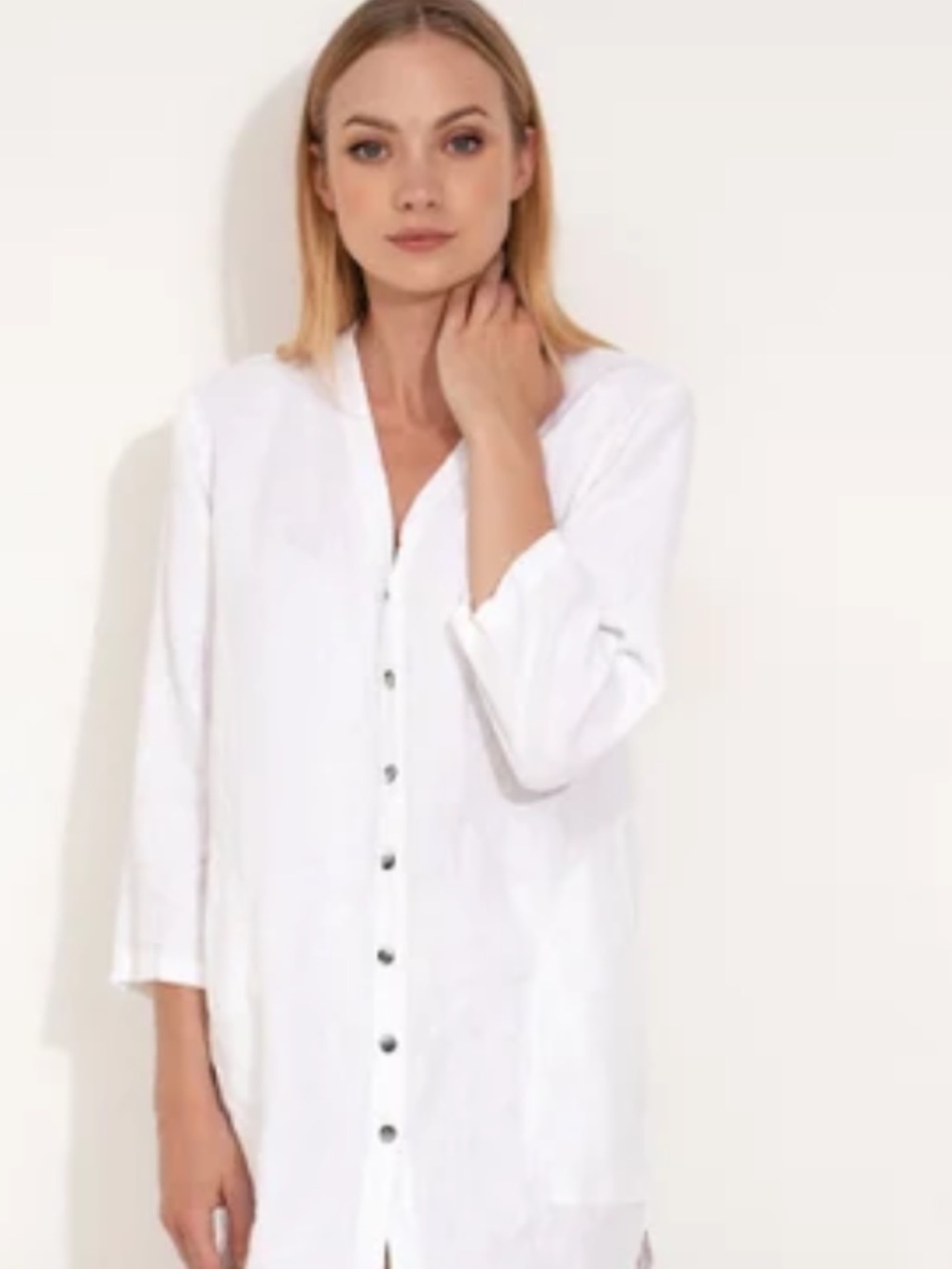 Rosemarine Made in Italy White  100% linen Embroidered Button-Front Tunic Dress